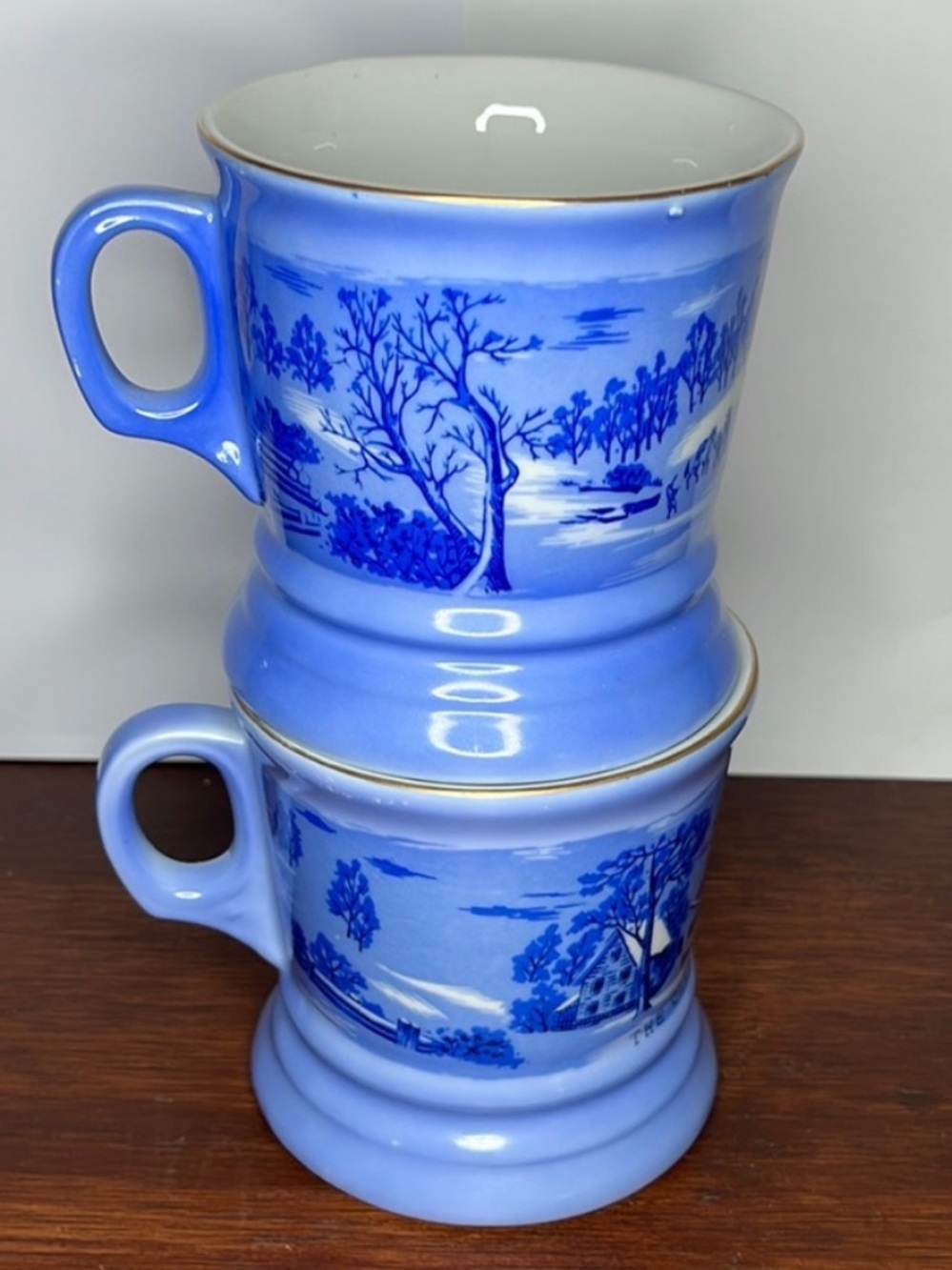 Currier and Ives Blue Winter Scene Gold Trim Vintage Collectible Coffee Cups